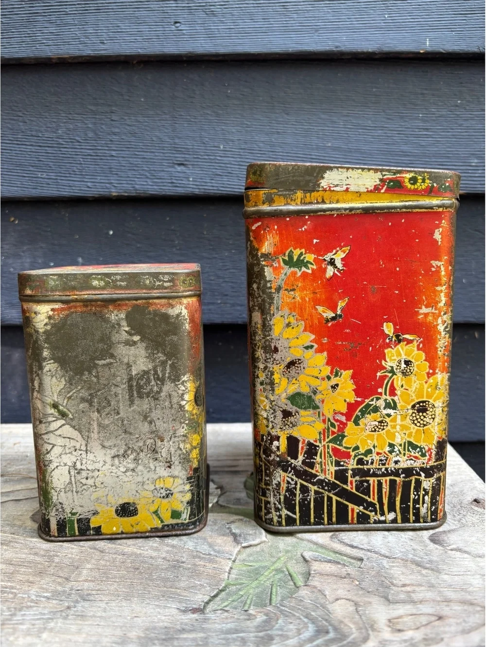 Antique Tetley Formosa Oolong Tea Tins, Distressed, Sunflower, Pair